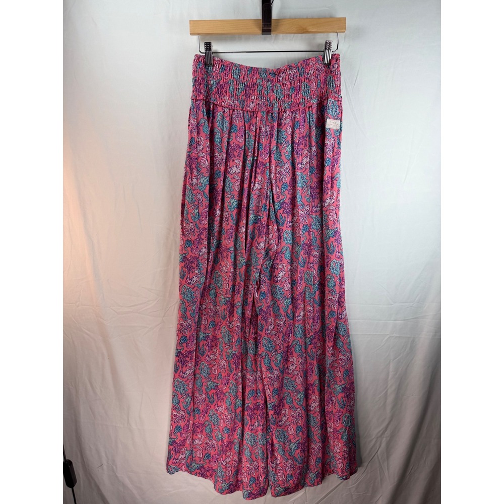 Simply Southern Pink Coastal Seahorse Turtle Smocked Wide Leg Palazzo Pants O/S